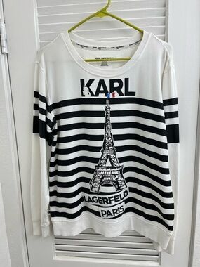 Karl Lagerfeld White & Black Paris Flag Stripe Tee Sweatshirt M